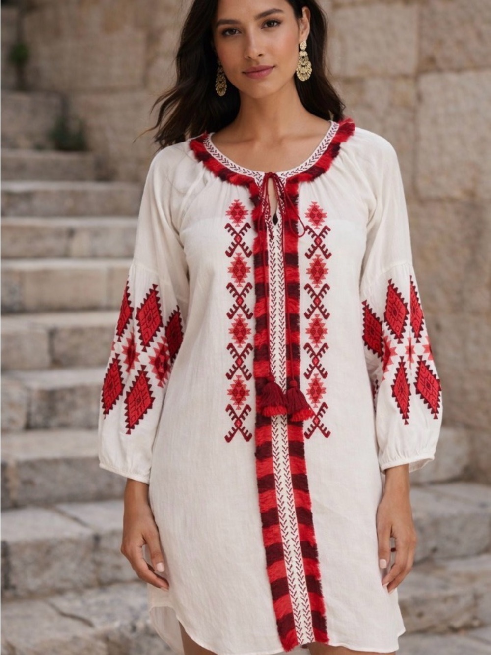 Figue Tula Tunic Dress White Red Embroidered Tassel Boho Resort Festival EUC